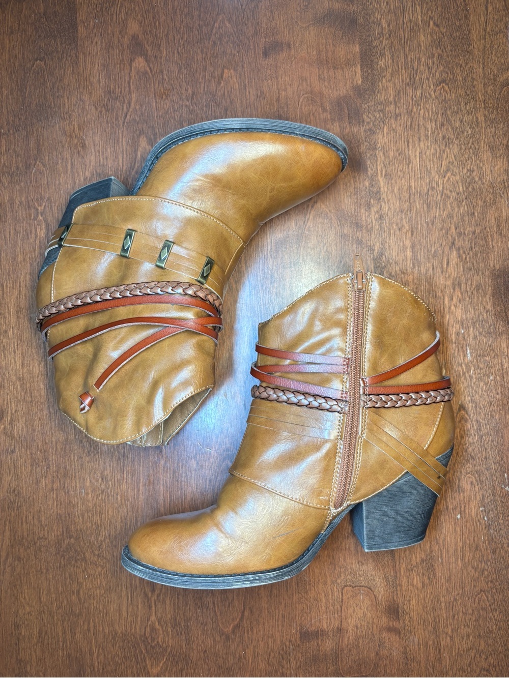 SO Cognac Brown Ankle Boots with Braided and Wrap Straps